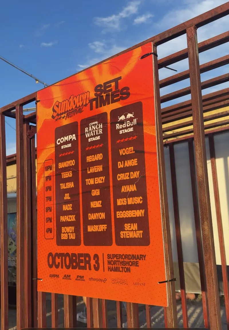 The Sundown Festival set times poster showing the Compa, Compa Ranch Water and Red Bull stages