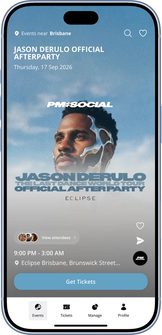 yourkind app event feed showing a featured afterparty in Brisbane