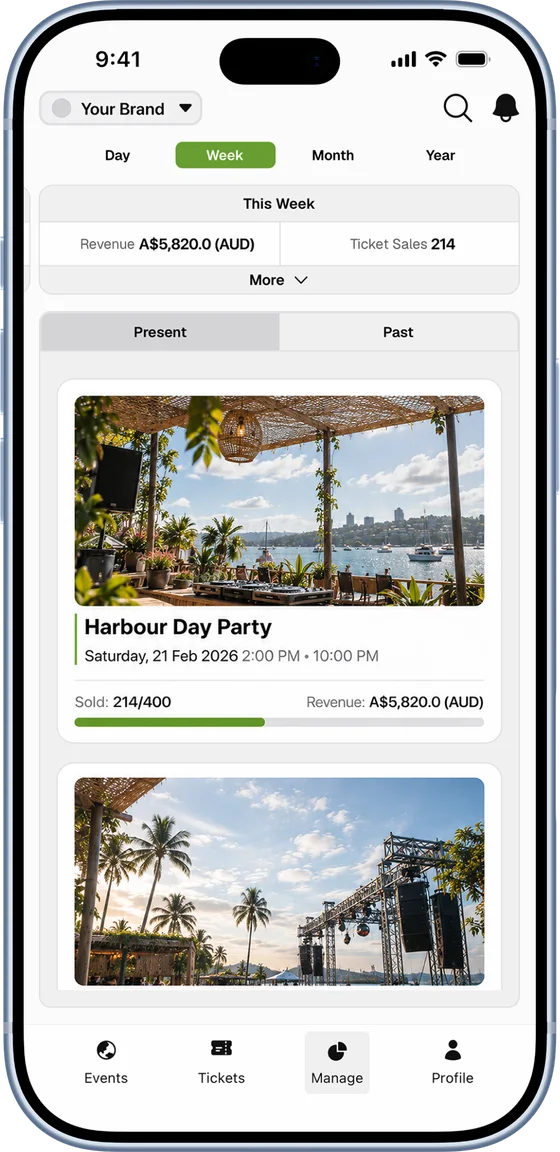 yourkind app organiser dashboard showing weekly revenue and tickets sold