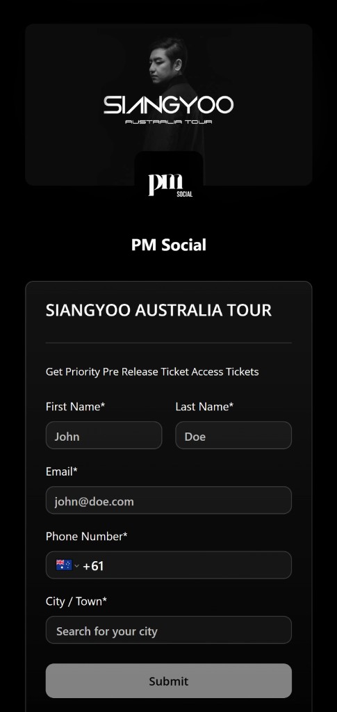 PM Social pre-registration page for SIANYOO Australia Tour on mobile